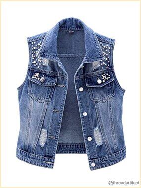 Sleeveless Denim Vest with Beading Pearls Jean Jacket